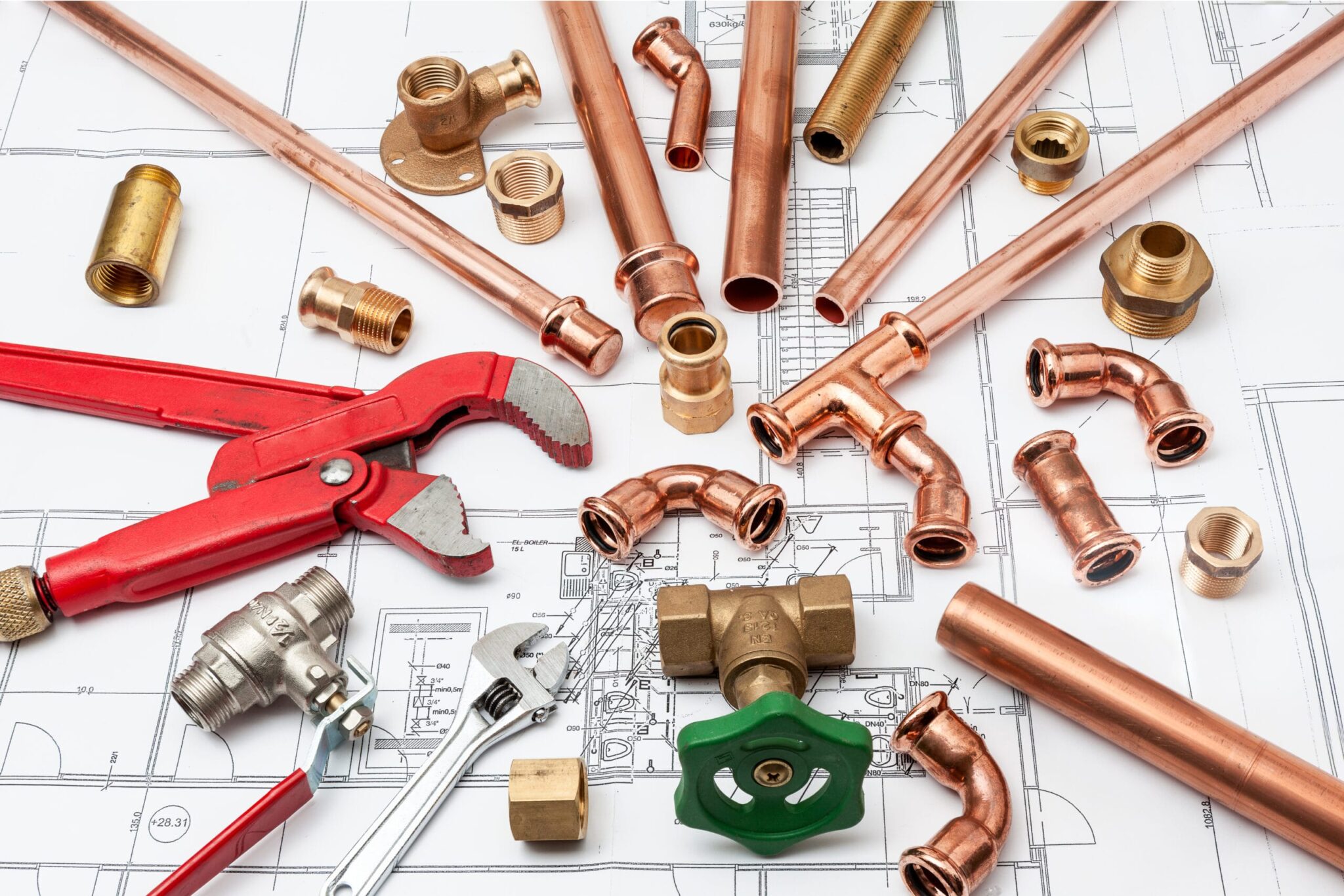 Copper pipes, fittings, valves, and plumbing tools in New Smyrna Beach