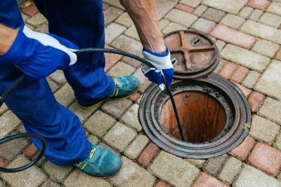 Plumber cleaning an outdoor sewer drain in New Smyrna Beach