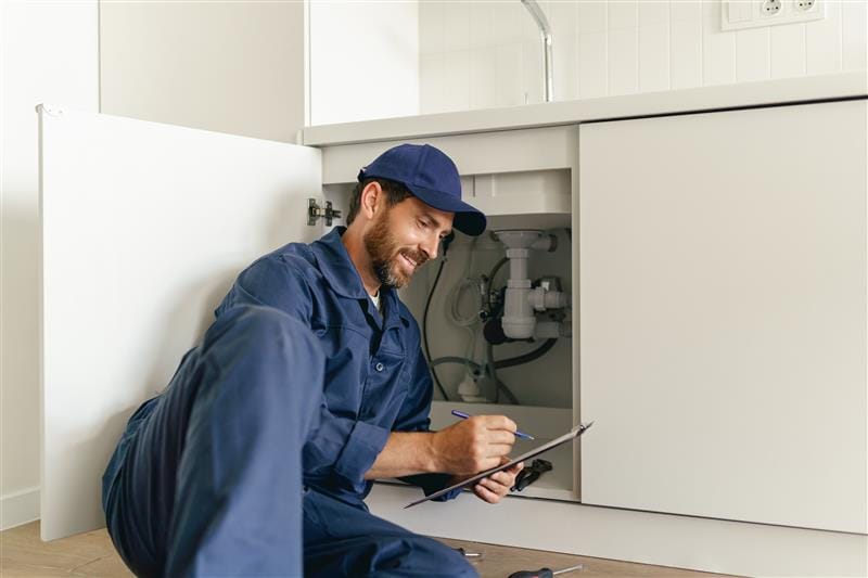 Residential plumber reviewing plumbing repairs in a New Smyrna Beach kitchen