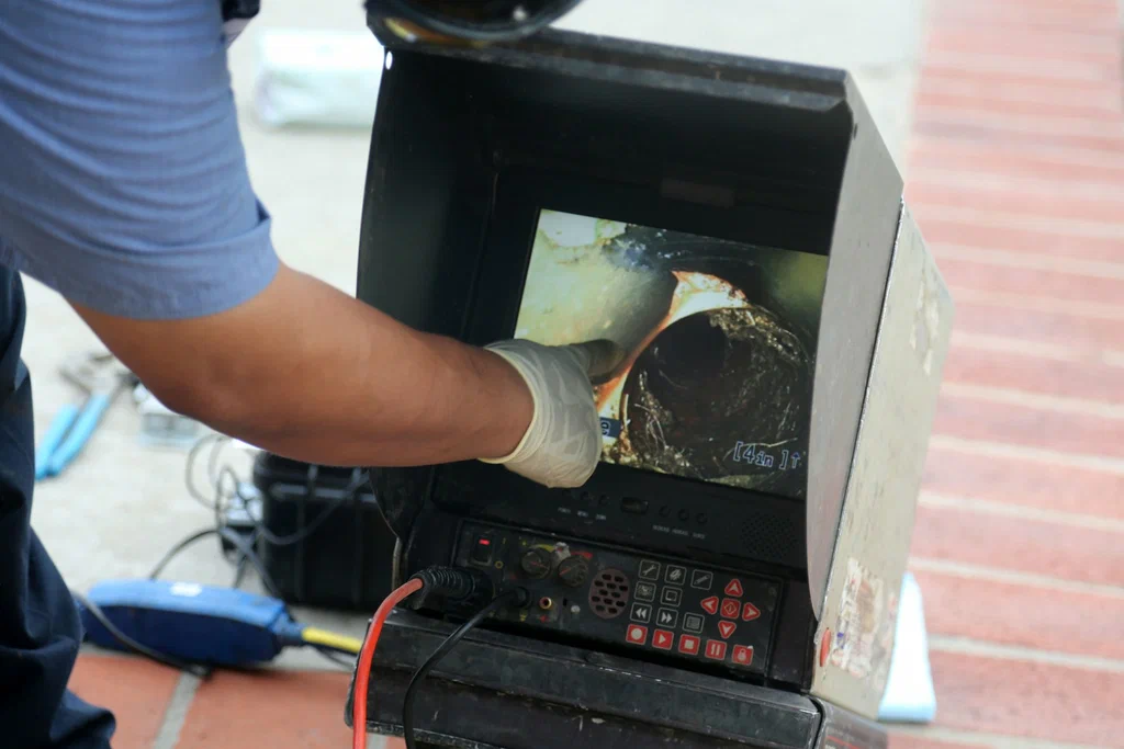 Technician viewing a drain inspection camera in New Smyrna Beach