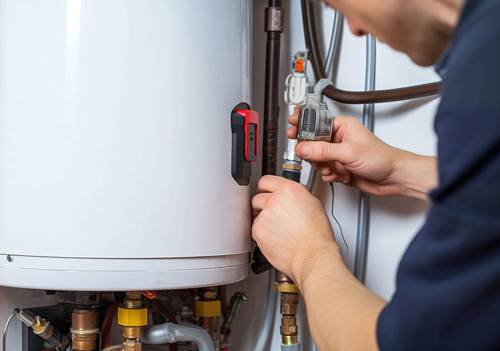 Technician repairing pipes connected to a water heater in New Smyrna Beach